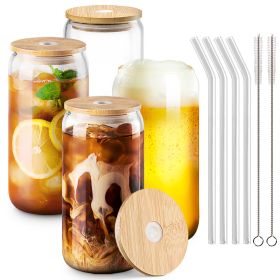 Combler Glass Cups with Bamboo Lids and Straws, 16 oz Drinking Glasses 4pcs Set, Iced coffee Cup Coffee Bar Accessories, Beer Glass Coffee Cups with L (Style: 4 Pcs Set)